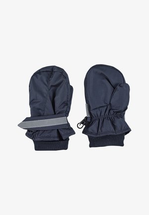 Marineblaue Fäustlinge aus strukturiertem Material, mit elastischen Bündchen und reflektierenden Akzenten. Mit einem Haken zur Befestigung und einem verstellbaren Riemen.