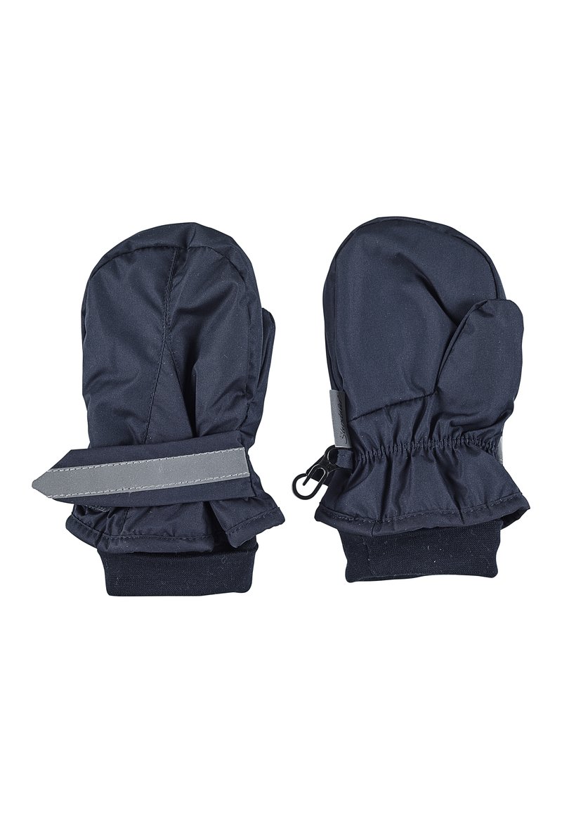 Marineblaue Fäustlinge aus strukturiertem Material, mit elastischen Bündchen und reflektierenden Akzenten. Mit einem Haken zur Befestigung und einem verstellbaren Riemen.