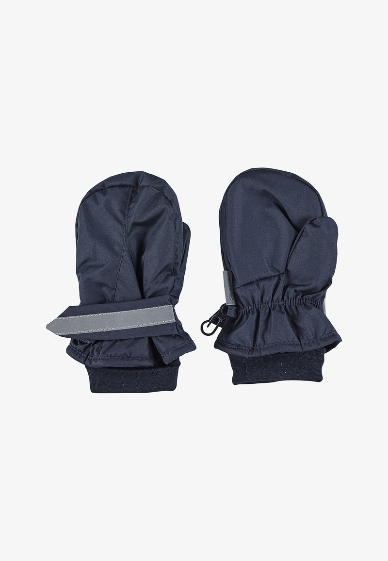 Marineblaue Fäustlinge aus strukturiertem Material, mit elastischen Bündchen und reflektierenden Akzenten. Mit einem Haken zur Befestigung und einem verstellbaren Riemen.