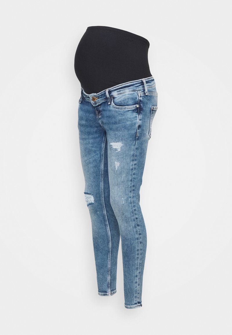 Maternity jeans with a black over-the-bump panel, distressed light blue denim, skinny fit, five-pocket design, and a mid-rise waist.