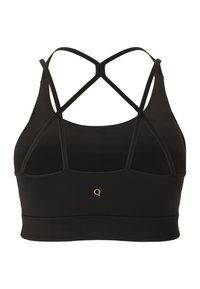 Zwarte sportbeha met een gladde textuur, voorzien van een crisscross strapdesign en een klein gouden logo op de voorkant.