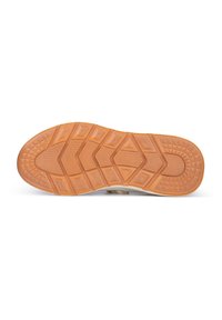 Suela de zapato de goma en beige con un patrón texturizado de panal y formas geométricas para tracción; presenta bordes serrados para mayor agarre.