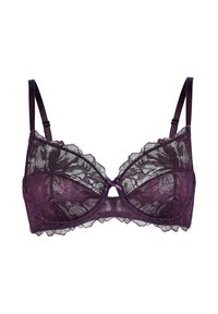 Reggiseno viola in pizzo con intricate fantasie floreali, struttura con ferretto, coppe trasparenti, bordi scallopati decorativi e un dettaglio a chiave al centro.