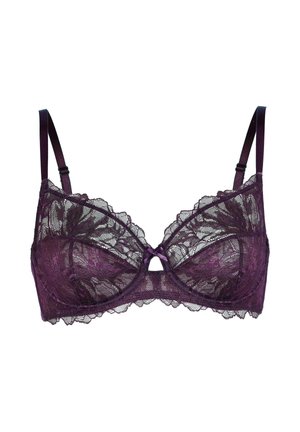 Reggiseno viola in pizzo con intricate fantasie floreali, struttura con ferretto, coppe trasparenti, bordi scallopati decorativi e un dettaglio a chiave al centro.