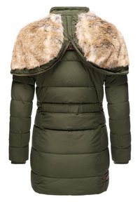 Olive green puffer coat featuring a faux fur collar and textured stitching. Mid-length design with zip closure and ribbed cuffs.