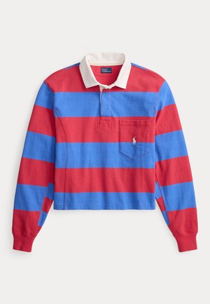 Piros és kék csíkos hosszú ujjú galléros póló fehér gallérral, bal oldali mellzsebbel és hímzett logó díszítéssel. Pamut anyagból.