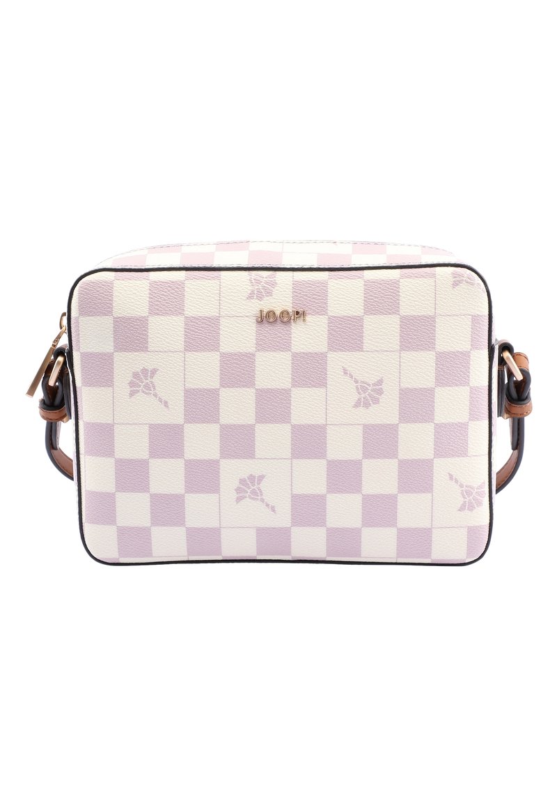 Kwadratowa torebka na ramię w kremowo-lawendowym wzorze w kratę, z kwiatowymi akcentami i złotym logo, z brązowymi skórzanymi detalami.