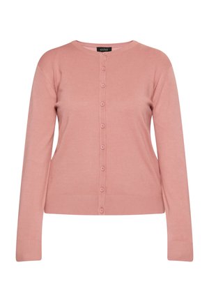 Cardigan rosa hecho de un material suave, con cuello redondo, mangas largas y cierre de botones con botones a juego.