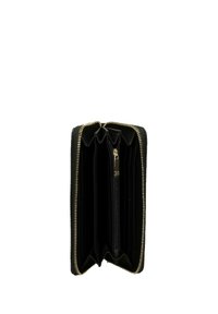 Portafoglio nero con zip, dotato di molteplici scomparti, interno texturizzato e hardware in tonalità dorata. Presenta una tasca centrale con zip per le monete.