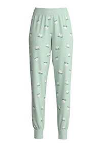 Mintgroene joggingbroek van zachte stof. Heeft een speels patroon van skieerende dieren, een elastische tailleband en boorden bij de enkels.