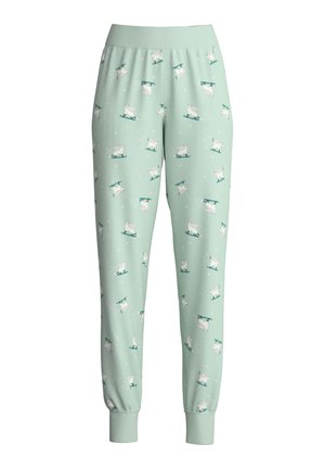 Mintgroene joggingbroek van zachte stof. Heeft een speels patroon van skieerende dieren, een elastische tailleband en boorden bij de enkels.