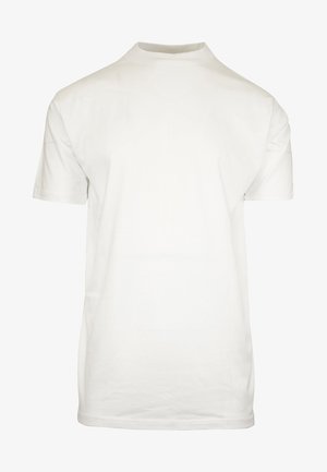 Maglietta bianca in cotone, maniche corte, colletto tondo. Texture liscia, design semplice, senza grafiche o motivi visibili sul retro.