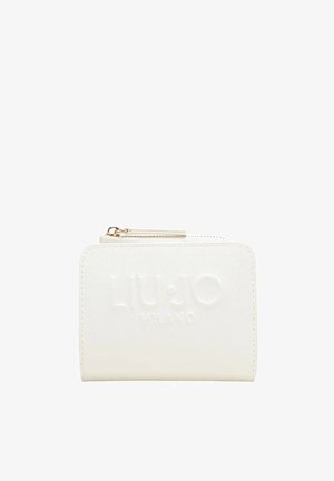 Portafoglio bianco con texture, zip superiore e logo "Liu Jo" in rilievo al centro frontale.