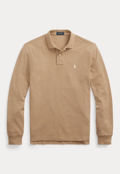 Long-sleeve beige polo shirt made of cotton, featuring a three-button placket and a small embroidered logo on the left chest.
