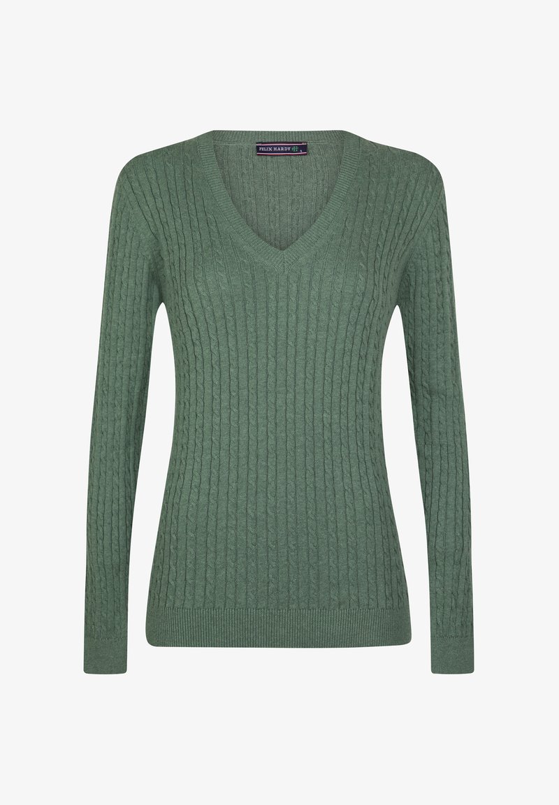 Grüner, gestrickter Pullover mit V-Ausschnitt, geripptem Muster, langen Ärmeln und taillierter Passform. Das Material scheint weich und leicht zu sein.