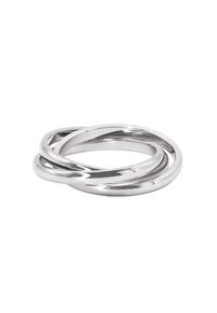 Set di anelli in metallo tono argento composto da tre bande intrecciate con una finitura liscia e lucida e bordi arrotondati.