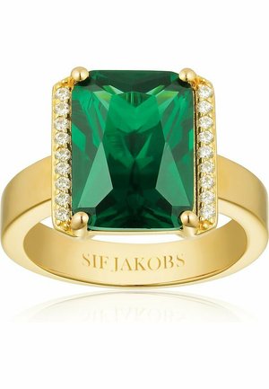 Grüner rechteckiger Edelsteinring aus Gold, mit diamantbesetzten Akzenten an den Seiten und polierter Oberfläche. Eingravierter Markenname innen.