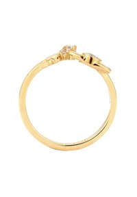 Goldring mit einem glatten, polierten Band und einem dekorativen Element mit einem klaren Edelsteinakzent. Schlichtes und elegantes Design.