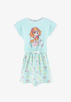 Jasnoniebieska sukienka z krótkimi rękawami, z grafiką psa, elastyczną talią i wzorem wzoru arbuzowo-słonecznego na spódnicy.