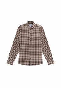 Langærmet ternet skjorte med en blanding af brun, navy og beige farver, med en klassisk krave og frontlukning med knapper.