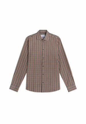 Pitkähihaisessa ruudullisessa paidassa on ruskean, laivastonsinisen ja beigen sävyjä, klassinen kaulus ja napitus edessä.