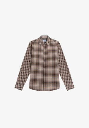 Pitkähihaisessa ruudullisessa paidassa on ruskean, laivastonsinisen ja beigen sävyjä, klassinen kaulus ja napitus edessä.