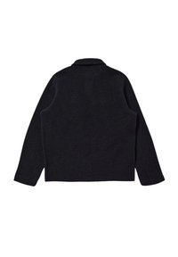 Cappotto nero, strutturato, con colletto, maniche lunghe e taglio dritto. Dettagli delle cuciture sui lati, design minimalista.