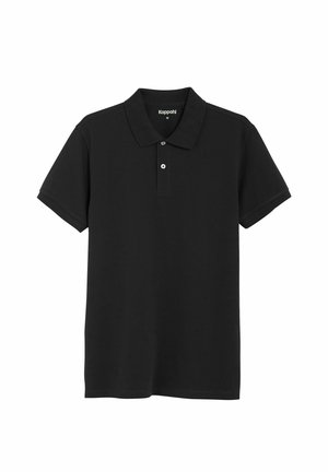 Musta, lyhythihainen poolopaita, jossa on kaksi nappia ja kaulus, koko medium, valkoisella taustalla.