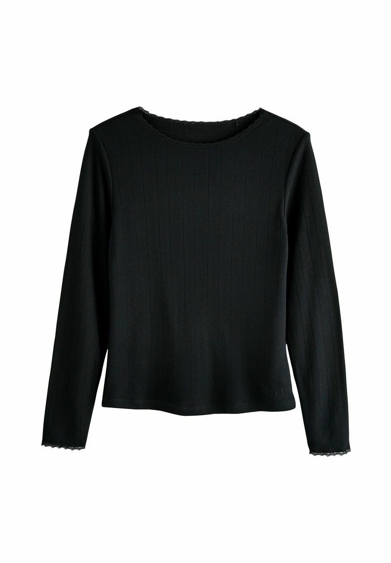 Black long-sleeve top with a round neckline, featuring a ribbed texture and lace trim at the cuffs and neckline. Soft fabric, relaxed fit.