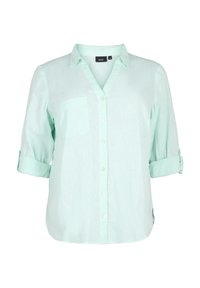 Mintově zelená krátká halenka s výstřihem do V a zapínáním na knoflíky. Má kapsu na prsou a podvinuté rukávy. Lehký materiál.