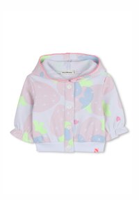 Ανοιχτό ροζ μπουφάν με κουκούλα, πολύχρωμα φρουτένια μοτίβα, κουμπιά μπροστά και ελαστικά μανίκια. Διαθέτει διακριτική λαιμόκοψη με κυματιστό σχέδιο και ετικέτα με το λογότυπο.