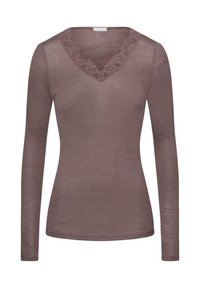 T shirt a maniche lunghe in mauve tenue, con scollatura a V rifinita in pizzo. Il tessuto è morbido e con una texture a costine. Design aderente con una finitura liscia.