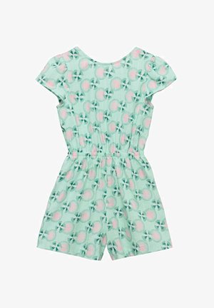 Light mint green romper with short sleeves, elastic waist, and a playful circular pattern in pink and green. Smooth fabric texture.