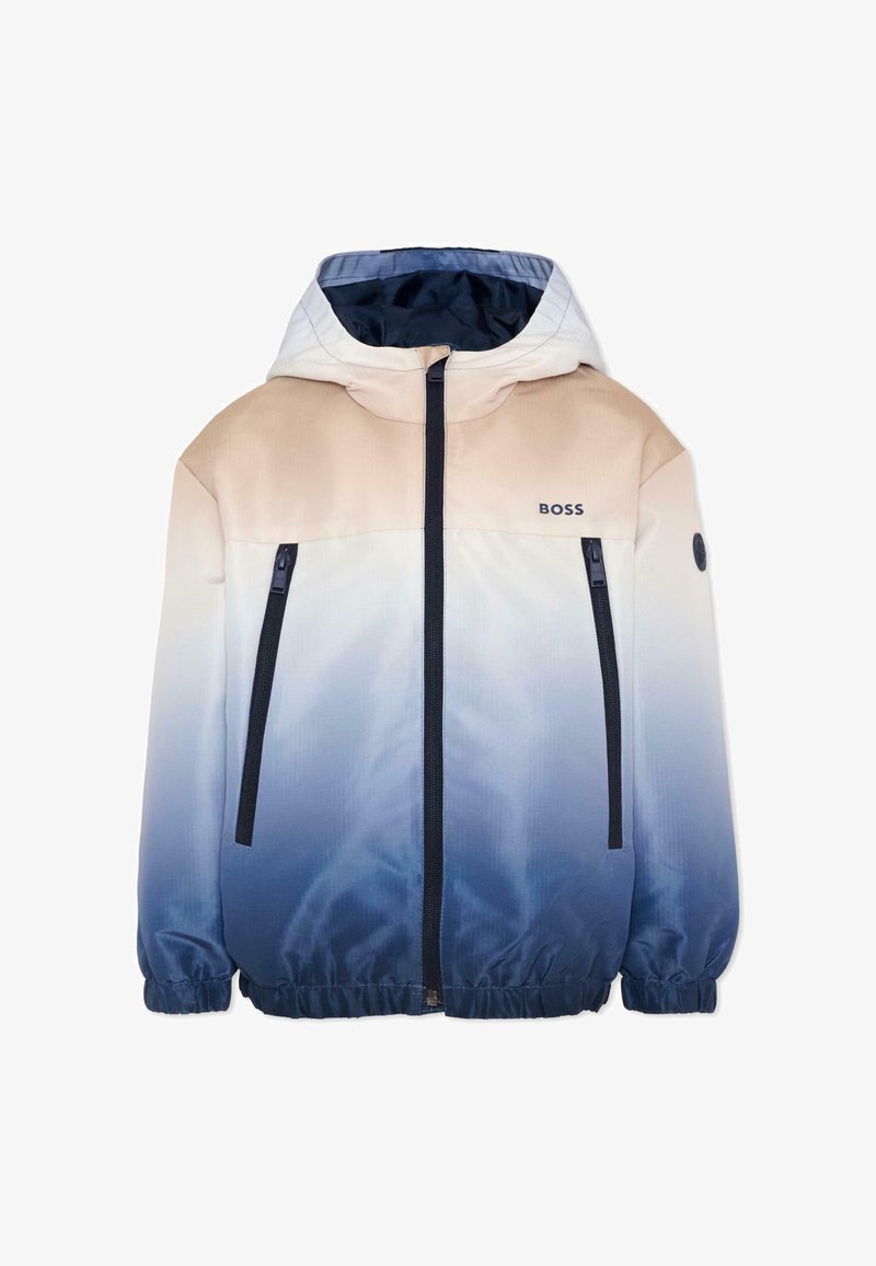 Veste BOSS à capuche avec fermeture éclair intégrale à l'avant, deux poches verticales zippées, poignets élastiques, et un dégradé allant du beige au bleu.