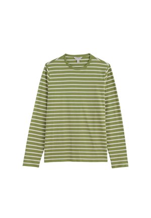 Rohelise ja valge horisontaalse triibuga pika varrukaga särk ümmarguse kaelusega, tasapinnal valgel taustal.