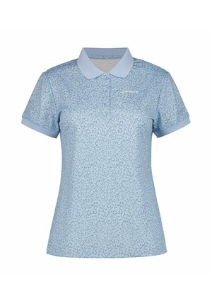 Polo azzurro chiaro con un delicato motivo floreale. Presenta un colletto strutturato, maniche corte e una patta con tre bottoni. Tessuto morbido.