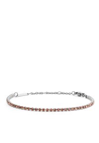 Bracciale in argento con design a catena, caratterizzato da una fila di cristalli arancioni sul davanti. Texture liscia e dettaglio della chiusura sicura.