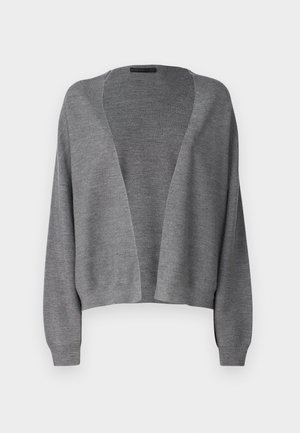 Grå cardigan, lett strikkemateriale, åpen frontdesign, lange ermer med ribbede mansjetter, glatt tekstur, minimalistisk stil.