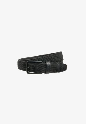 Zwarte geweven riem met een gestructureerde afwerking, voorzien van een metalen gesp en een leren bandaccent met reliëflogo-detail.