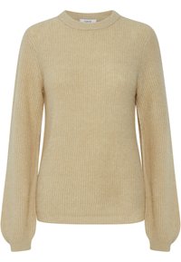 Beige kötött pulóver kör alakú nyakkivágással, bordázott textúrával és hosszú ujjakkal, enyhén puffos mandzsettával. Puha, könnyű anyag.