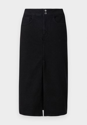 Musta denimmitunikohta hame, jossa etupuolen halkio, kaksi sivutaskua ja kaksi metallista napinauhaa vyötäröllä. Sileä pinta ja suora siluetti.