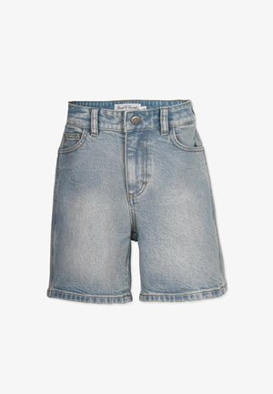 Denim shorts i en lys blå vask, med høj talje, fem lommer og lukning med knap fortil. Glat tekstur med syet kant.