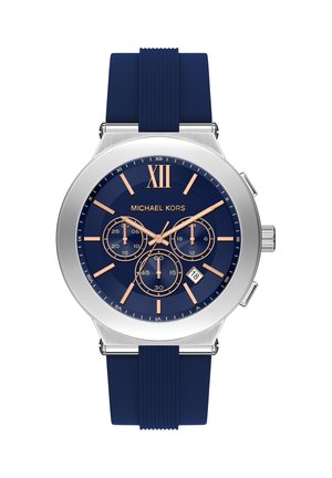 Okrągły niebieski zegarek z kopertą ze stali nierdzewnej w kolorze srebrnym i niebieskim paskiem z gumy. Wyposażony w trzy małe tarcze, różowo-złote akcenty oraz wyświetlacz daty.