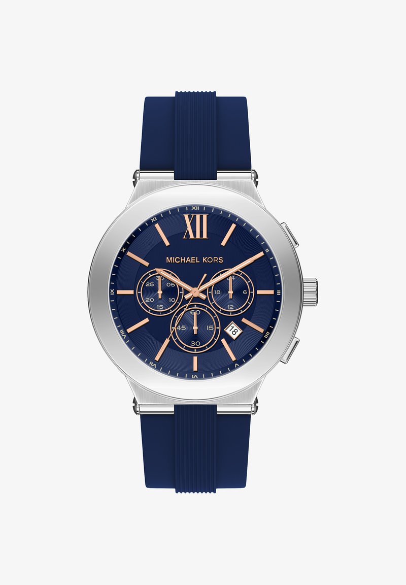 Okrągły niebieski zegarek z kopertą ze stali nierdzewnej w kolorze srebrnym i niebieskim paskiem z gumy. Wyposażony w trzy małe tarcze, różowo-złote akcenty oraz wyświetlacz daty.