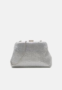 Silver sequined shoulder bag with a clasp closure, flat rectangular shape, and a metal chain strap. Smooth texture with shimmering details.