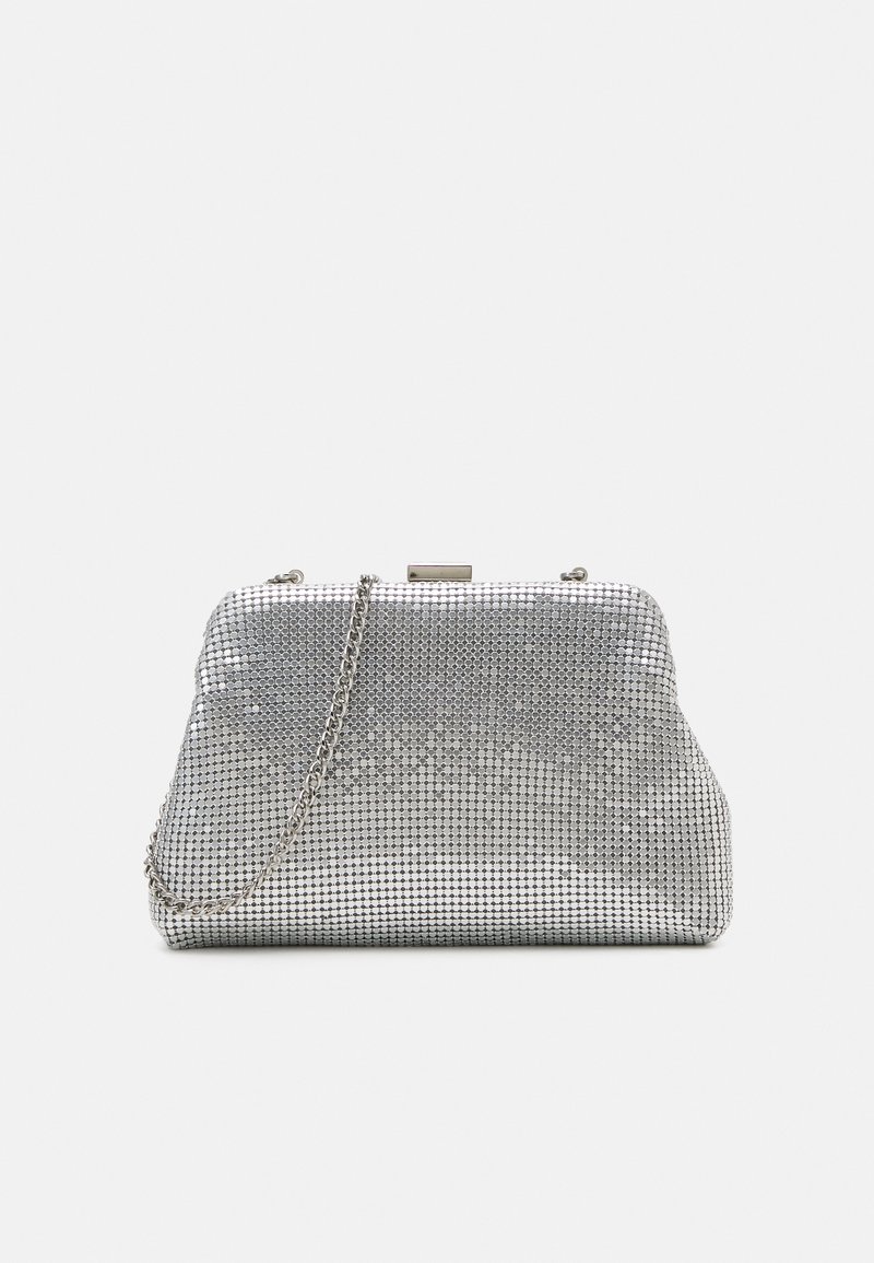 Silver sequined shoulder bag with a clasp closure, flat rectangular shape, and a metal chain strap. Smooth texture with shimmering details.