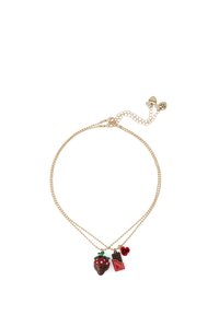 Halsband i guldfärgat kedjelänk med tre berlocker: en jordgubbe doppad i choklad, en chokladkaka och ett hjärta, med livfulla färger och detaljer.