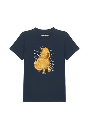 Marineblaues T-Shirt mit kurzen Ärmeln und einer detaillierten goldbraunen Capybara-Illustration in der Mitte vorne.