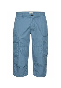 Light blue cargo shorts made from lightweight fabric, featuring two side pockets and a relaxed fit with a cuffed hem.