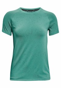 Camiseta de running de manga corta en color teal, fabricada con un tejido transpirable. Presenta un cuello redondo y un patrón texturizado en toda su superficie.